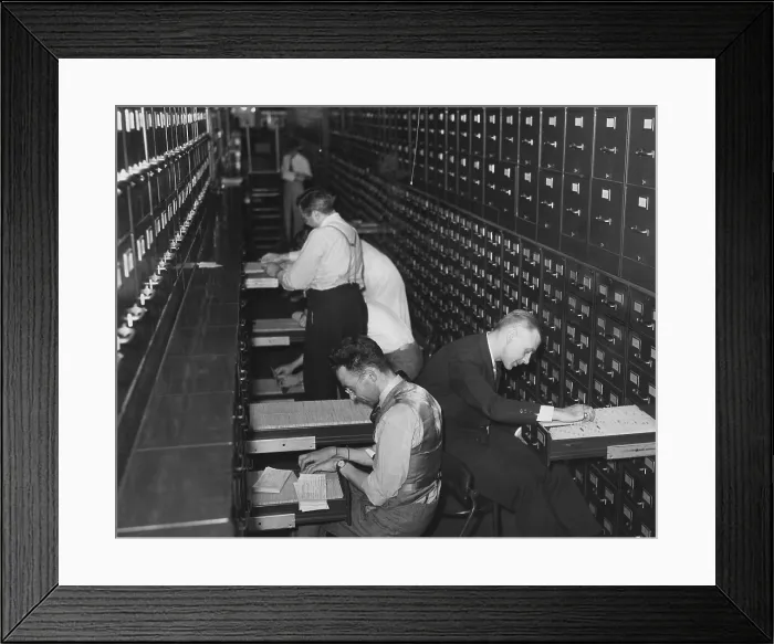 Framed Print : Government employees at the new Social Security Administration filing citizens applications for social security account numbers. Ca. 1937 Framed Print : Government employees at the new Social Security Administration filing citizens applications for social security account numbers. Ca. 1937