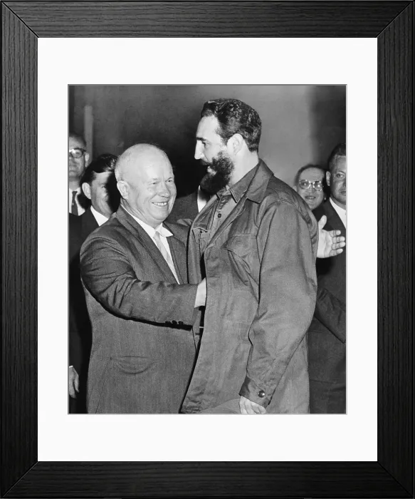 Framed Print : Soviet Premier Nikita Khrushchev greets Cuban President Fidel Castro to the Russian legation in New York City during the yearly session of the UN General Assembly
