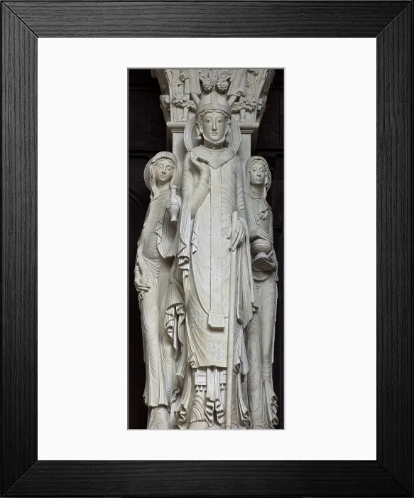 Framed Print : FRANCE. Autun. Cathedral of St. Lazare. Western facade. Detail of the mullion with a depiction of Saint Lazarus and his two sisters, 19th century. Gothic art. Sculpture