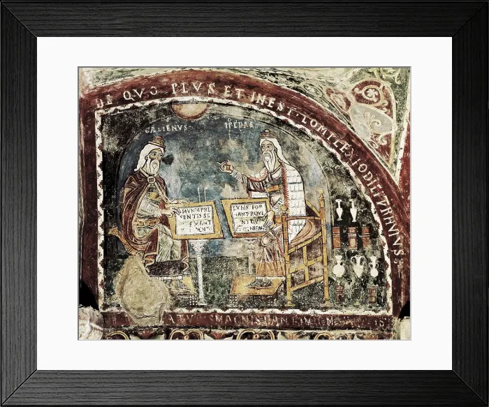 Framed Print : HIPPOCRATES (c. 460 BC - 377 BC); Galen of Pergamum (129-c. 216). Decoration of the crypt in Anagni cathedral depicting Galen talking to Hippocrates. Romanesque art. Fresco Framed Print : HIPPOCRATES (c. 460 BC - 377 BC); Galen of Pergamum (129-c. 216). Decoration of the crypt in Anagni cathedral depicting Galen talking to Hippocrates. Romanesque art. Fresco