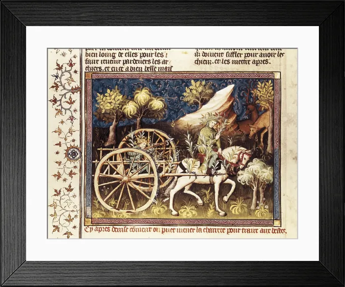 Framed Print : GASTON III de Foix-Bearn (1331 - 1391). Book of the Hunt (Livre de Chasse). 1387 - 1389. Hunters camouflaged with leaves. Illustration of 15th c. Gothic art. Miniature Painting
