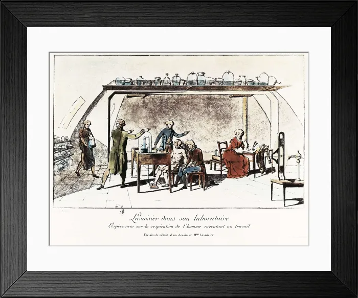Framed Print : LAVOISIER, Marie Anne Pierrette (1758-1836); Lavoisier, Antoine-Laurent (1743-1794). Lavoisier and his breathing experiments. Engraving after a drawing by Madame Lavoisier