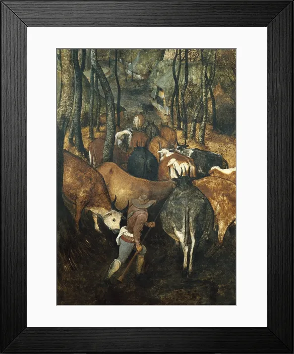 Framed Print : Breugel, Pieter, The Elder, called 'Peasant Bruegel' (1525-1569). The Return of the Herd. 1565. Left-hand lower detail depicting a sheperd leading a herd of cows