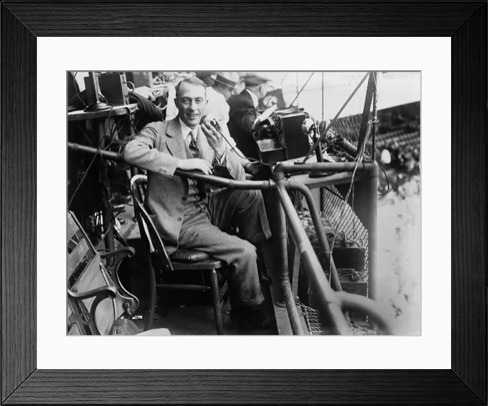 Framed Print : Graham McNamee (1888-1942), in his box at Griffith Stadium, Washington, D.C. broadcasting the second game of the 1924 World Series