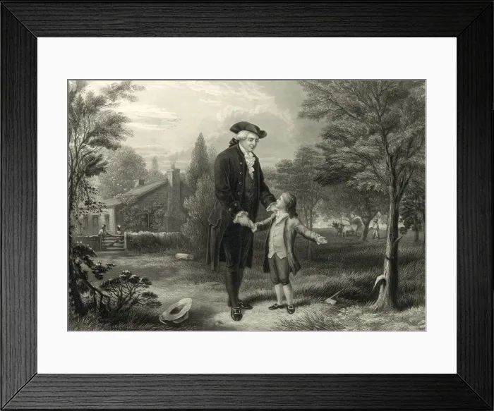 Framed Print : George Washington and the cherry tree. George Washington confesses to his father, Augustine Washington, engraving ca. 1846