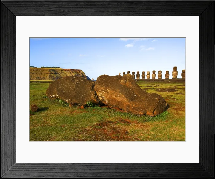 Framed Print : CHILE. VALPARAISO. Ahu Tongariki. Easter Island. Rapa Nui National Park. Moai knocked down in front of the 15 moais of Ahu Tongariki. Art of Oceania. Sculpture Framed Print : CHILE. VALPARAISO. Ahu Tongariki. Easter Island. Rapa Nui National Park. Moai knocked down in front of the 15 moais of Ahu Tongariki. Art of Oceania. Sculpture