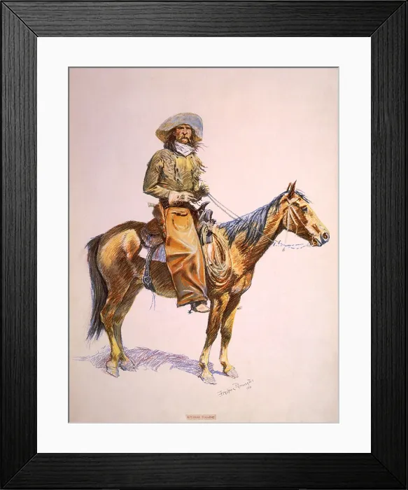 Framed Print : Arizona cow-boy on horseback. Pastel drawing by Frederic Remington, ca. 1900