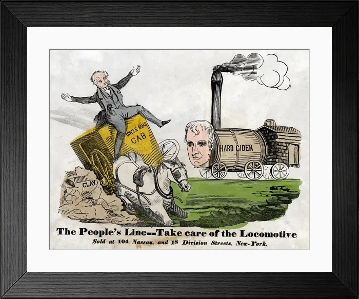 Framed Print : President Martin Van Buren drives 'Uncle Sam's Cab, ' a carriage pulled by a blindered horse, which wrecks on a pile of 'Clay.' Color woodblock, 1840 Framed Print : President Martin Van Buren drives 'Uncle Sam's Cab, ' a carriage pulled by a blindered horse, which wrecks on a pile of 'Clay.' Color woodblock, 1840