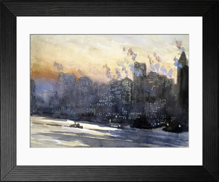 Framed Print : New York City. View across the East River of the New York City skyline at sunset. Watercolor and guache by Joseph Pennell, ca. 1921-1926
