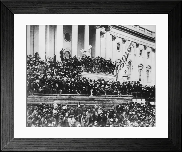 Framed Print : Abraham Lincoln's delivering his second inaugural address (standing, center) on the east portico of the U.S. Capitol, March 4, 1865, his second inauguration