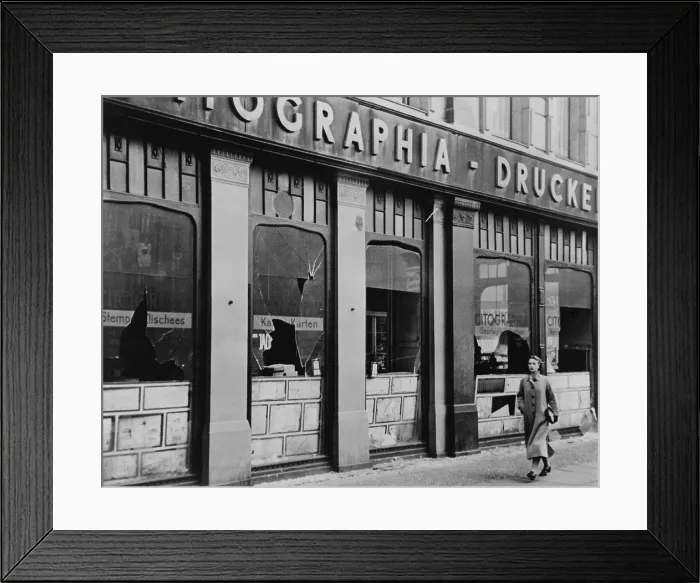 Framed Print : Windows of a Jewish owned printing business smashed during Kristallnacht, Berlin. November 9-10, 1938