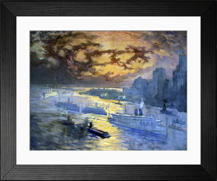 Framed Print : New York City. View of the East River and New York Harbor at sunset. Statue of Liberty in distance. Watercolor and guache by Joseph Pennell, ca. 1921-1926