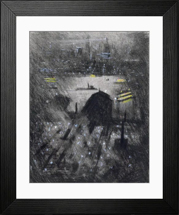 Framed Print : New York City. Night view from above over Weehawken Ferry. Charcoal, watercolor and guache by Joseph Pennell, ca. 1921-1926