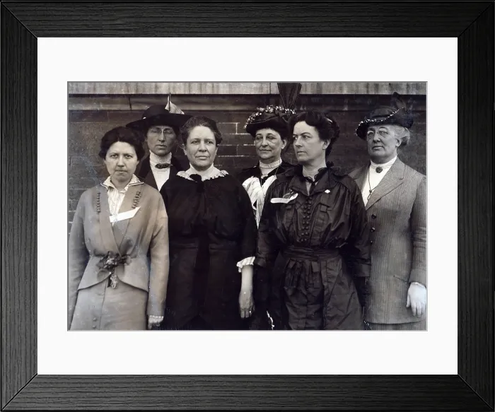 Framed Print : Mrs. Florence Kelley, Chief State Factory Inspector of Illinois, 1893-97 (3rd from left), surrounded by other factory inspectors. Lewis Hine Wickes photograph, March 1914