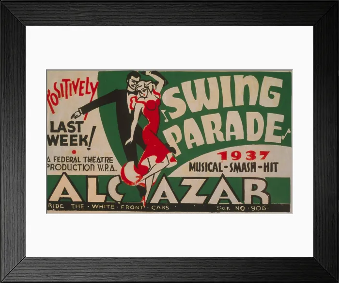 Framed Print : Poster for Federal Theatre Project presentation of Swing Parade at the Alcazar theater, showing a man and woman dancing, text reads: Swing Parade