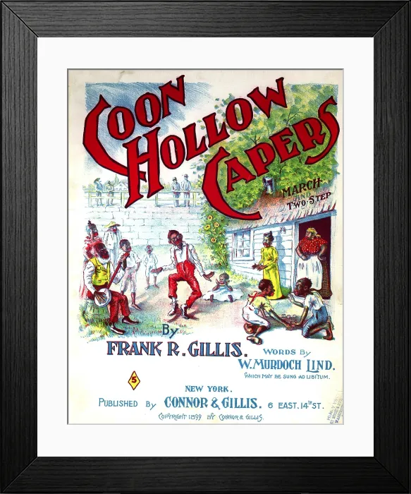 Framed Print : Sheet music, illustration shows African Americans dancing, playing music, shooting dice, Coon Hollow capers, words by W. Murdock Lind, music by Frank R. Gillis, 1899