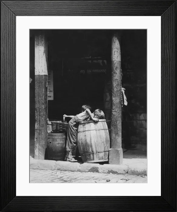 Framed Print : Small boys picking from barrels, from original caption: This boy and brother were picking discarded fruit out of barrels in market near 14th St. N.Y. City Framed Print : Small boys picking from barrels, from original caption: This boy and brother were picking discarded fruit out of barrels in market near 14th St. N.Y. City