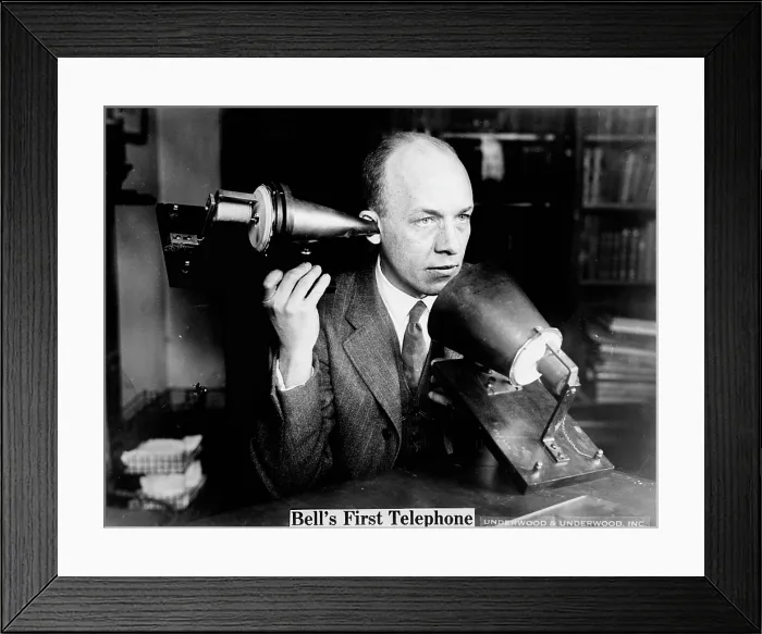 Framed Print : Bell's first telephone. Publicity photo ca. 1915-1925