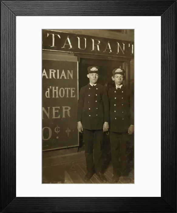 Framed Print : Messenger Boys in heart of Tenderloin, from caption: Midnight, Youngest: Badge No. 524. Herman Unslowitz, 15 yrs