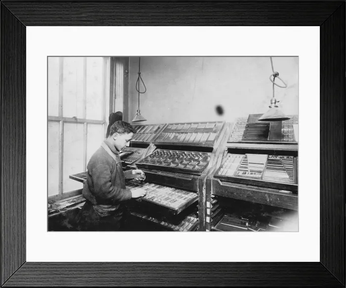 Framed Print : Labor, from original caption: Louis Gitney, a young compositor earning $7.00 a week in a Sixth Avenue printing office Framed Print : Labor, from original caption: Louis Gitney, a young compositor earning $7.00 a week in a Sixth Avenue printing office