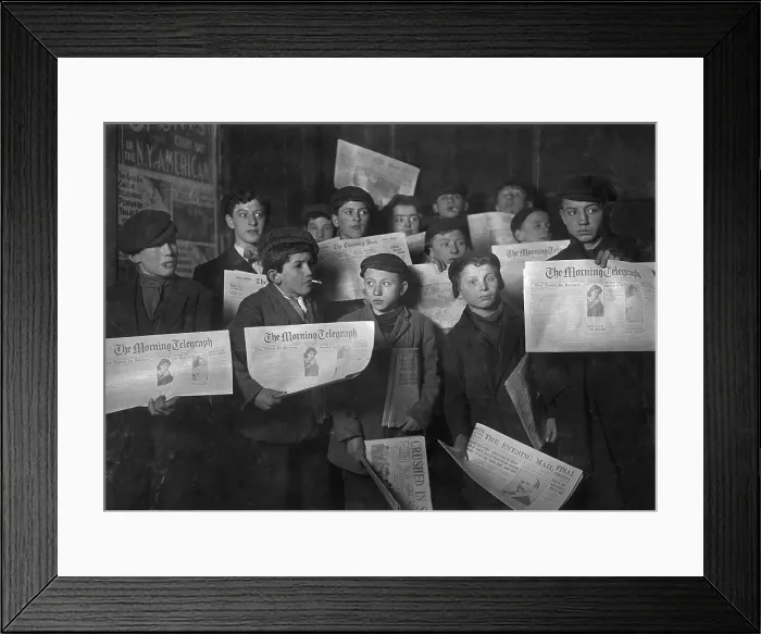 Framed Print : Newsboys, from caption: 2 A.M. Papers just out. Boys starting out on morning round. Ages 13 years and upward Framed Print : Newsboys, from caption: 2 A.M. Papers just out. Boys starting out on morning round. Ages 13 years and upward
