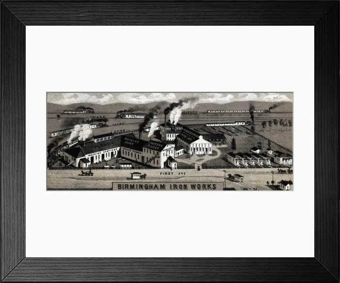 Framed Print : Birmingham Iron Works. Birmingham, Alabama. Duotone lithograph ca. 1885 Framed Print : Birmingham Iron Works. Birmingham, Alabama. Duotone lithograph ca. 1885