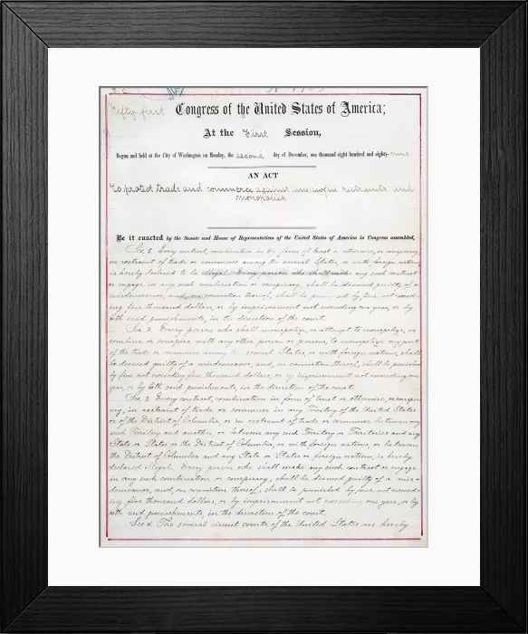 Framed Print : The Sherman Anti-Trust Act was the first Federal act that outlawed monopolistic business practices. Act of July 2, 1890