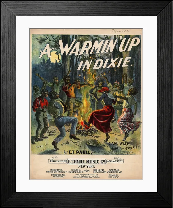 Framed Print : Sheet music, A Warmin up in Dixie, cake walk, march and two step, illustration shows African Americans dancing around a fire, illustration by J.E. Rosenthal, 1899