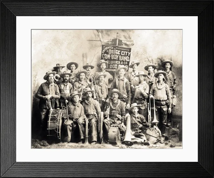 Framed Print : Dodge City Cow-Boy Band with their instruments in the 1880's. Photo was taken in St. Louis, ca. 1885
