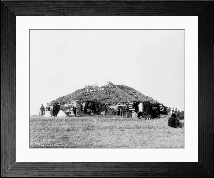Framed Print : Sioux Indian dance house, log building with sod roof and American Indians outside, photograph, 1911 Framed Print : Sioux Indian dance house, log building with sod roof and American Indians outside, photograph, 1911