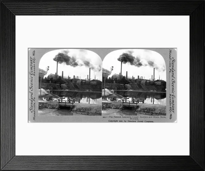 Framed Print : The famous Anaconda copper smelters and mines, Butte, Montana, stereo photograph by Standard Scenic Company, 1907