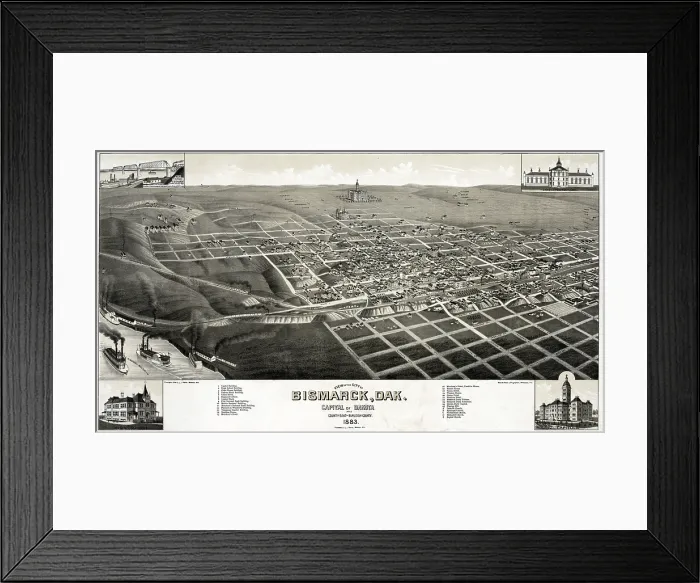 Framed Print : View of the city of Bismarck, North Dakota, capital of North Dakota and county seat of Burleigh County, lithograph, October 31, 1883