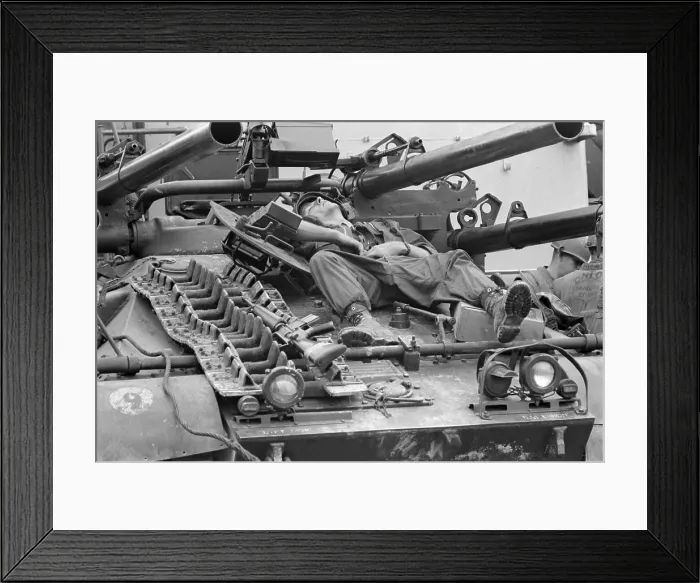 Framed Print : Vietnam War-Tet Offensive. A US Marine relaxes on an Ontos anti-tank vehicle during a break in the fighting at Hue