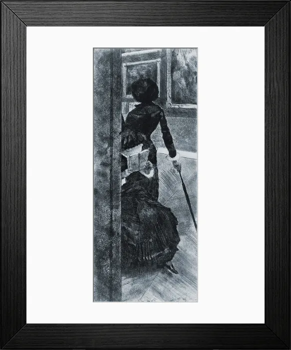 Framed Print : Impressionist painter, Mary Cassatt is the standing figure viewing paintings at the Louvre. 1876 etching by Edgar Degas