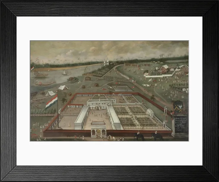 Framed Print : The Trading Post of the Dutch East India Company in Hooghly, Bengal, by Hendrik van Schuylenburgh, 1665, Dutch Colonial painting, oil on panel. At left is the Ganges River Framed Print : The Trading Post of the Dutch East India Company in Hooghly, Bengal, by Hendrik van Schuylenburgh, 1665, Dutch Colonial painting, oil on panel. At left is the Ganges River