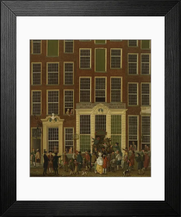 Framed Print : The Bookshop and Lottery Agency of Jan de Groot in the Kalverstraat in Amsterdam, by Isaac Ouwater, 1779, Dutch painting, oil on canvas