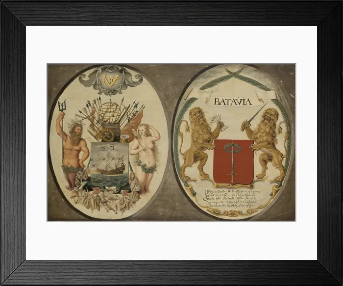 Framed Print : The Arms of the Dutch East India Company and of the Town of Batavia, by Jeronimus Becx (II), 1651, Dutch painting, oil on panel Framed Print : The Arms of the Dutch East India Company and of the Town of Batavia, by Jeronimus Becx (II), 1651, Dutch painting, oil on panel