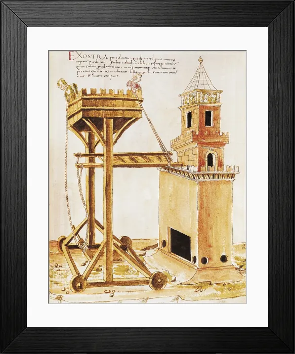 Framed Print : VALTURIO, Roberto (1405-1475). De re militari. 1446 - 1455. Siege tower to the conquest of a fortress. 1470 edition. Watercolour; Miniature Painting. ITALY. Padua