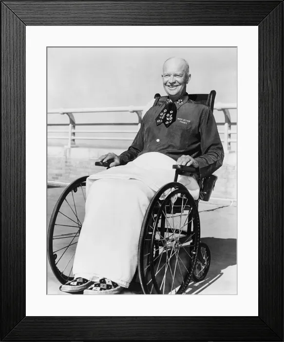 Framed Print : President Dwight D. Eisenhower (1890-1969), in wheelchair at Fitzsimons Army Hospital, Denver, following his serious heart attack on September 24, 1955 Framed Print : President Dwight D. Eisenhower (1890-1969), in wheelchair at Fitzsimons Army Hospital, Denver, following his serious heart attack on September 24, 1955