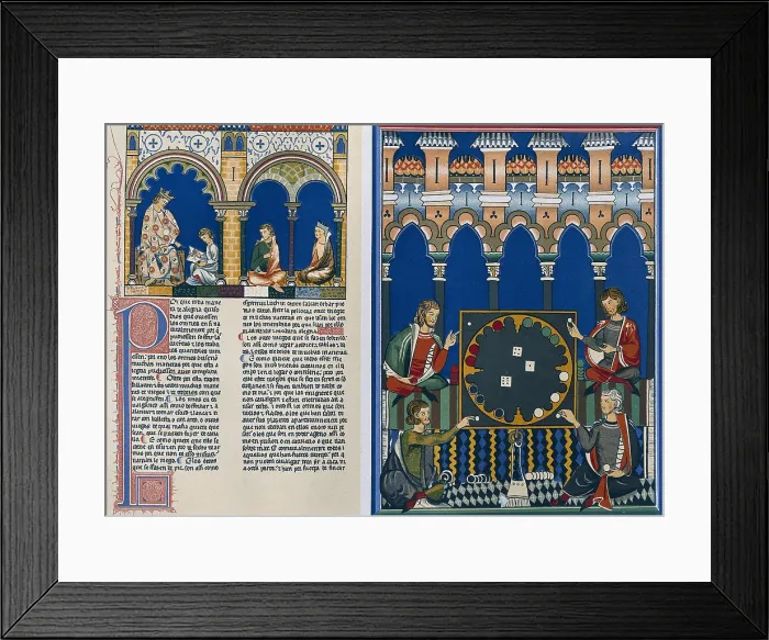 Framed Print : Alfonso X, called 'The Wise' (1221-1284). Book of Chess, Dice and Tables. 1283. Game of dices. Copy of pages 1 and 90. Gothic art. Miniature Painting. SPAIN. Barcelona