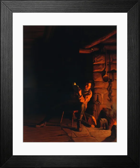 Framed Print : Abraham Lincoln (1809-1865) in Kentucky is romanticised by painter Eastman Johnson's painting, THE BOYHOOD OF LINCOLN--AN EVENING IN THE LOG HUT. 1868 Framed Print : Abraham Lincoln (1809-1865) in Kentucky is romanticised by painter Eastman Johnson's painting, THE BOYHOOD OF LINCOLN--AN EVENING IN THE LOG HUT. 1868