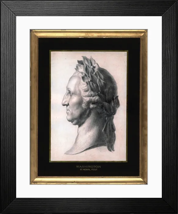 Framed Print : Memorial portrait of George Washington (1732-1799) crowned with laurel wreath. Drawing by Charles Balthazar Julien Fevret de Saint-Memin. Ca. 1800 Framed Print : Memorial portrait of George Washington (1732-1799) crowned with laurel wreath. Drawing by Charles Balthazar Julien Fevret de Saint-Memin. Ca. 1800