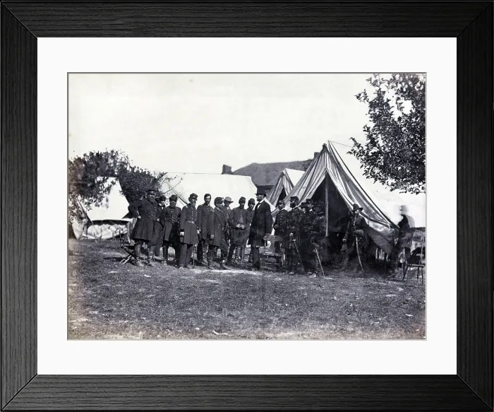 Framed Print : President Lincoln (1809-1865) on battle-field of Antietam with several officers outside tent; among the officers are: Col. Alexander S. Webb, Chief of Staff, 5th Corps.; Gen Framed Print : President Lincoln (1809-1865) on battle-field of Antietam with several officers outside tent; among the officers are: Col. Alexander S. Webb, Chief of Staff, 5th Corps.; Gen