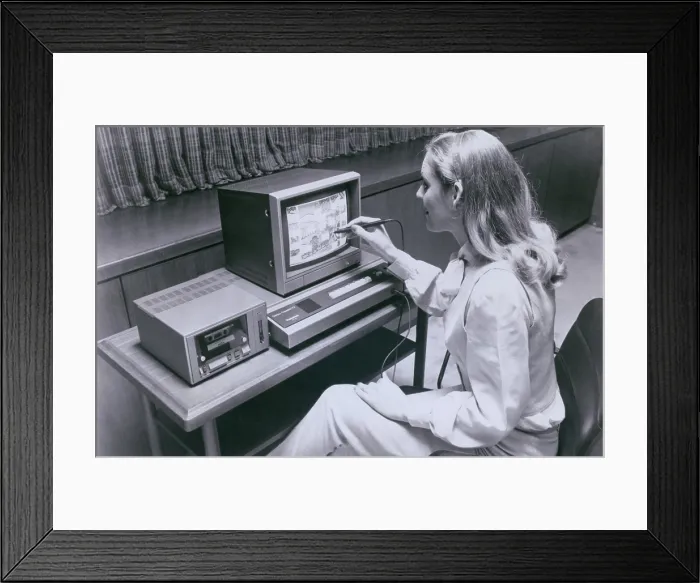 Framed Print : Matsushita Computer Cassette-TV and home computer system used a touch screen interface and a tape cassette drive. Ca. 1980 Framed Print : Matsushita Computer Cassette-TV and home computer system used a touch screen interface and a tape cassette drive. Ca. 1980