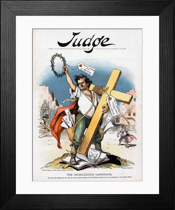 Framed Print : William Jennings Bryan and the Cross of Gold. The sacrilegious candidate, color lithograph magazine cover, September 1896 Framed Print : William Jennings Bryan and the Cross of Gold. The sacrilegious candidate, color lithograph magazine cover, September 1896