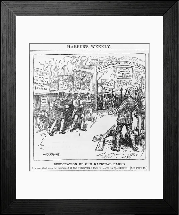 Framed Print : Yellowstone National Park. Desecration of our national parks--A scene that may be witnessed if the Yellowstone Park is leased to speculators. Editorial cartoon, 1883