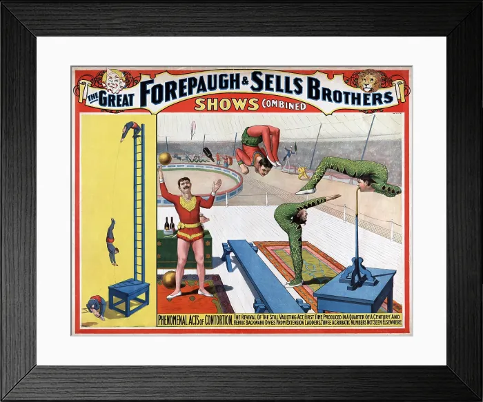 Framed Print : Great Forepaugh & Sells Brothers shows combined. Phenomenal acts of contortion. chromolithograph ca. 1899