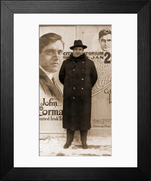 Framed Print : John McCormack (1884-1945), Irish-born American tenor, full-length portrait, standing in front of poster announcing an upcoming performance. New York 1918 Framed Print : John McCormack (1884-1945), Irish-born American tenor, full-length portrait, standing in front of poster announcing an upcoming performance. New York 1918