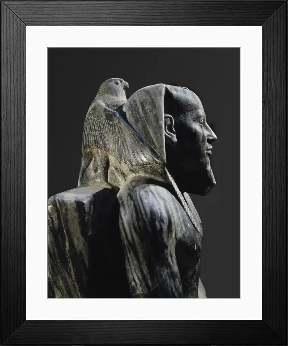Framed Print : Statue of Khafre enthroned. 2520 BC. Egyptian art. Old Kingdom. Sculpture on rock. EGYPT. Cairo. Egyptian Museum. Proc: EGYPT. Giza. Temple of Khafre's Pyramid