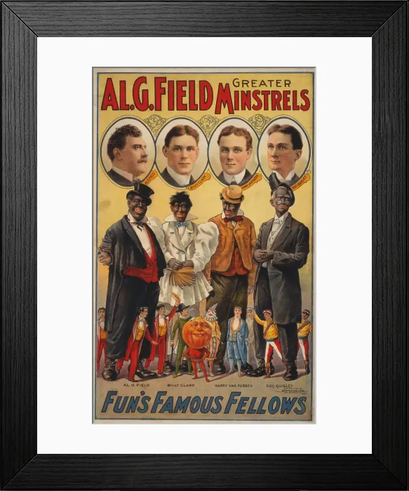 Framed Print : White actors faces appear with their blackface characters, in this 1907 minstrel show poster Framed Print : White actors faces appear with their blackface characters, in this 1907 minstrel show poster